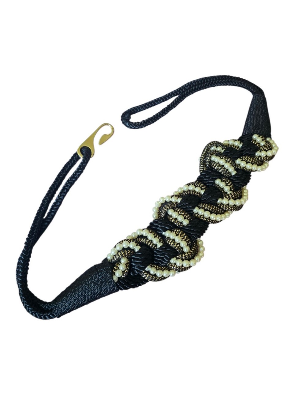 Vintage Black Braided Pearl-Accent Waist Belt Stretchy
